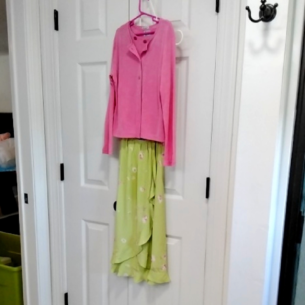 Chic Pink and Green A-Line High Low Maxi Skirt with matching cardigan set